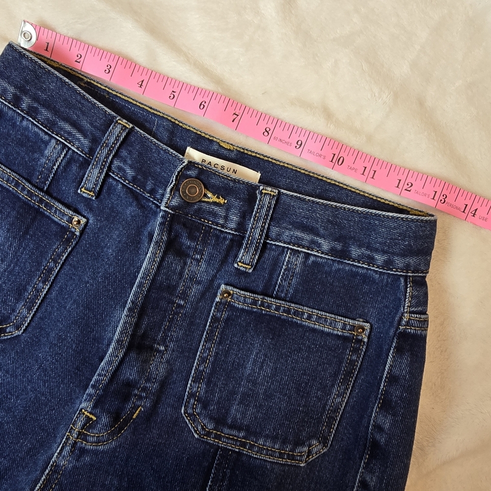 Pacsun Dark Blue Patch Pockets Front Seam Slit High Waisted Bootcut Jeans 26 EUC - Picture 6 of 12